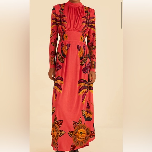 FARM Rio Dresses & Skirts - FARM Rio Coral Maxi Dress with Yellow & Black Floral Print
